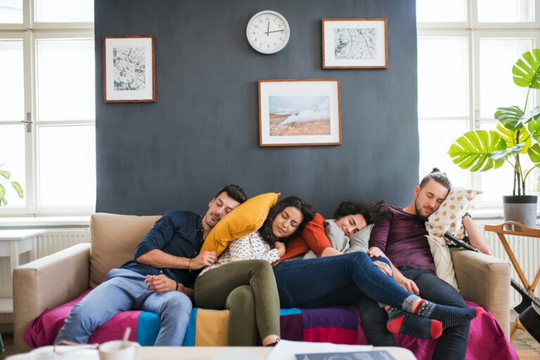 A group of young friends indoors at home, sleeping on sofa. House sharing concept