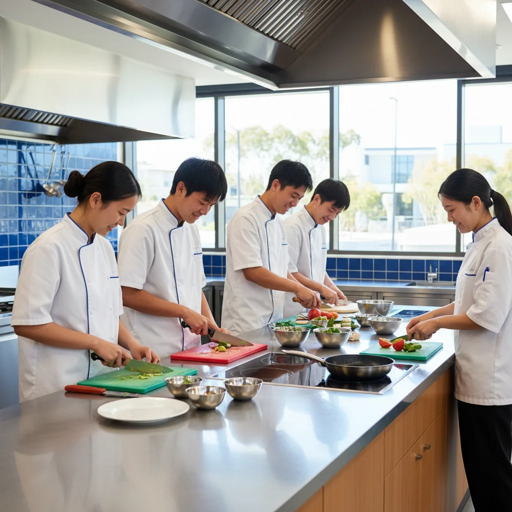 澳洲西廚課程推薦: 專業廚房內，身穿白色廚師服的學生們正在專注處理食材